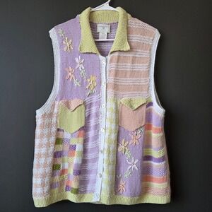 Vintage 1997 Susan Bristol Hand‎ Knit Embroidered Floral Vest XL Pastel Cottage